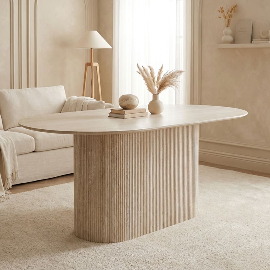 Table &agrave; manger ovale en c&eacute;ramique beige 180 cm